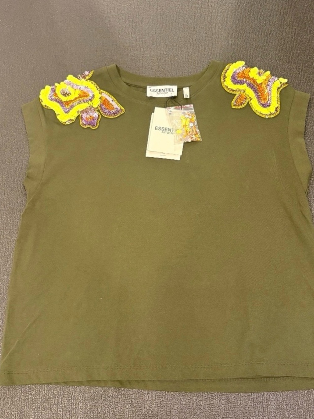NWT Essentiel Antwerp Olive Green Embellished Shoulder Tee
